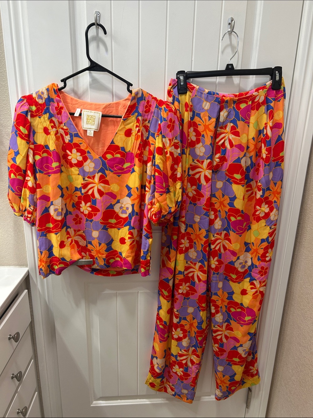 Vibrant Floral Pantsuit in Orange, Purple & Pink